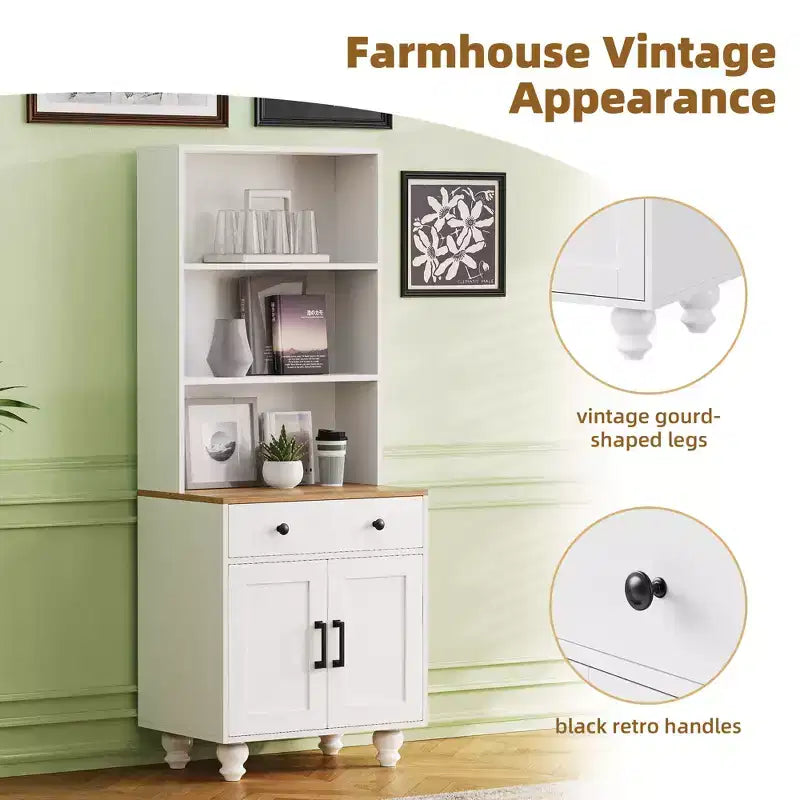 JVNOXK Armoire de rangement élégante de style fermier avec pieds en bois en forme de gourde et étagères réglables, parfaite pour le salon, blanc