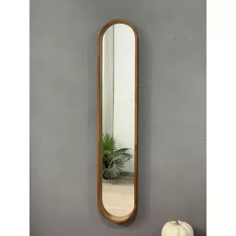 Miroir mural long et fin 47 x 9,5, miroir décoratif en bois d'hévéa en forme de capsule pour couloir, mur étroit - Panipeachy
