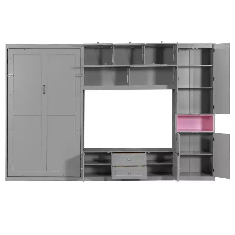 Lit escamotable double avec armoires et meuble TV, Lit mural double en bois avec étagères de rangement, Lit mural pliant avec 2 tiroirs
