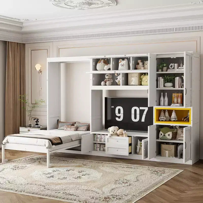 Lit escamotable double avec armoires et meuble TV, Lit mural double en bois avec étagères de rangement, Lit mural pliant avec 2 tiroirs