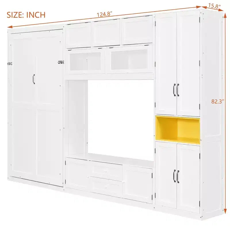 Lit escamotable double avec armoires et meuble TV, Lit mural double en bois avec étagères de rangement, Lit mural pliant avec 2 tiroirs