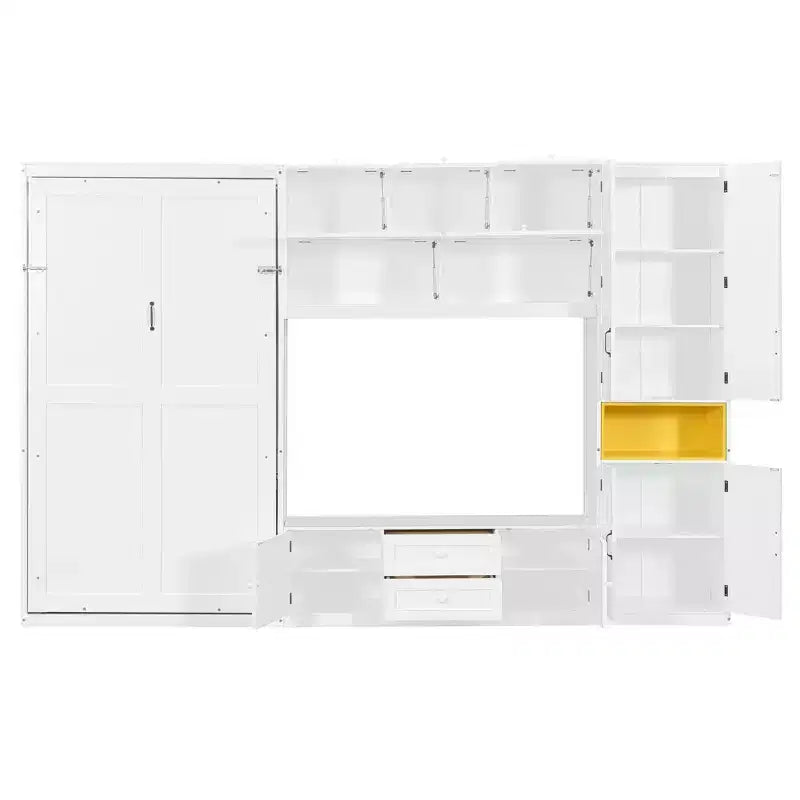 Lit escamotable double avec armoires et meuble TV, Lit mural double en bois avec étagères de rangement, Lit mural pliant avec 2 tiroirs