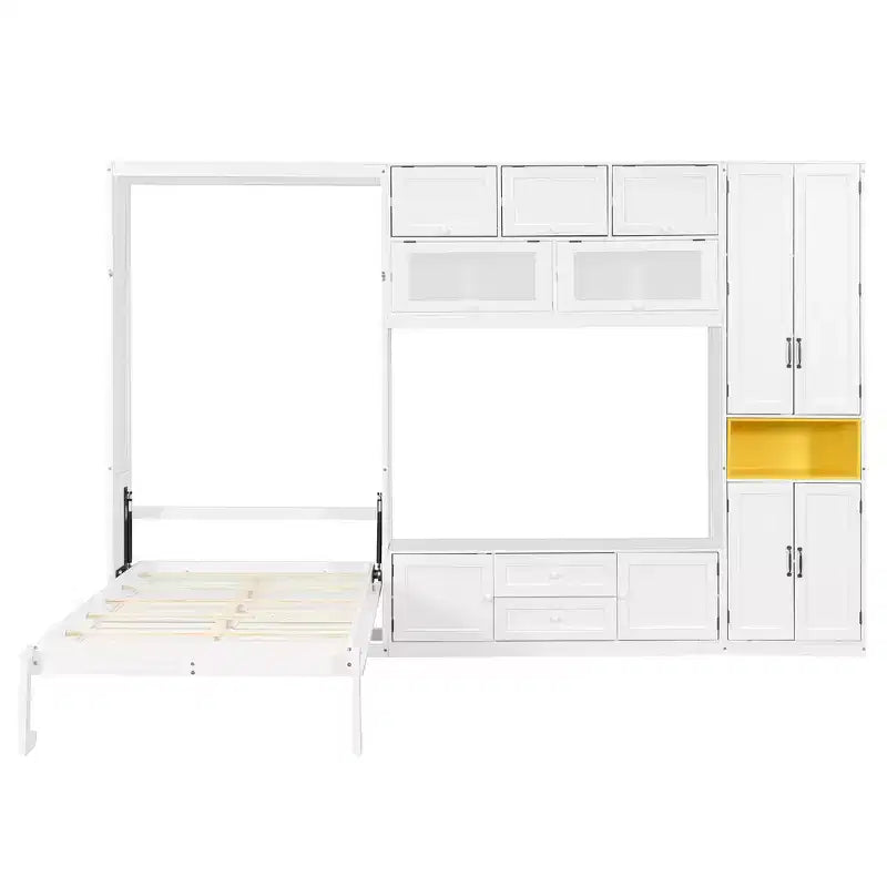 Lit escamotable double avec armoires et meuble TV, Lit mural double en bois avec étagères de rangement, Lit mural pliant avec 2 tiroirs