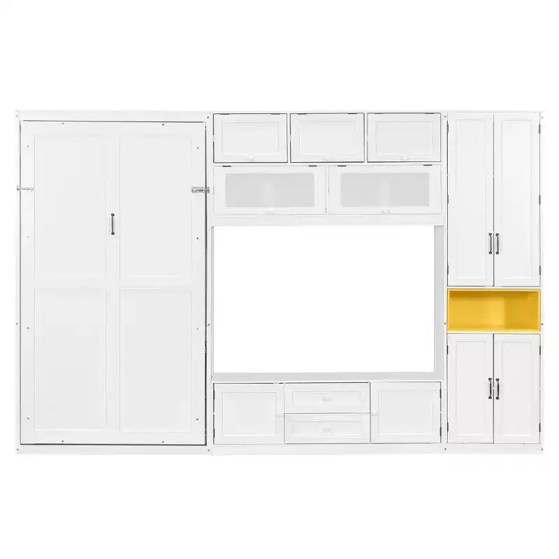 Lit escamotable double avec armoires et meuble TV, Lit mural double en bois avec étagères de rangement, Lit mural pliant avec 2 tiroirs