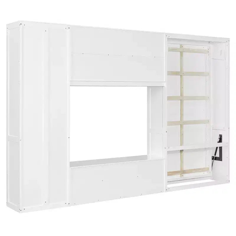 Lit escamotable double avec armoires et meuble TV, Lit mural double en bois avec étagères de rangement, Lit mural pliant avec 2 tiroirs