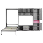 Lit escamotable double avec armoires et meuble TV, Lit mural double en bois avec étagères de rangement, Lit mural pliant avec 2 tiroirs