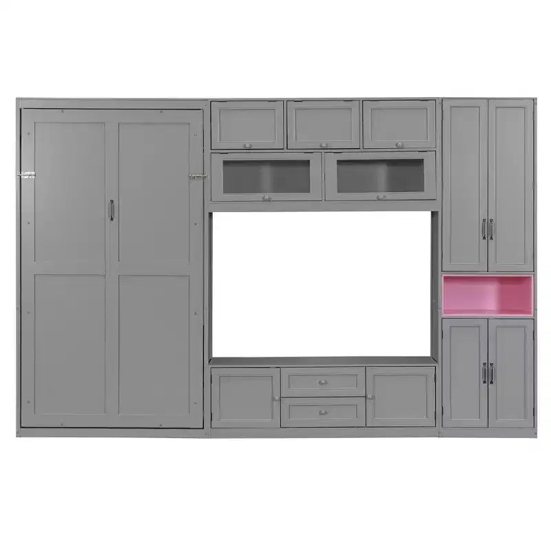 Lit escamotable double avec armoires et meuble TV, Lit mural double en bois avec étagères de rangement, Lit mural pliant avec 2 tiroirs