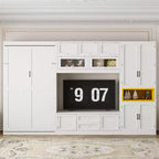 Lit escamotable double avec armoires et meuble TV, Lit mural double en bois avec étagères de rangement, Lit mural pliant avec 2 tiroirs