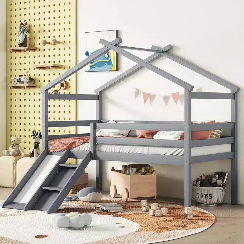Twin Size Loft Bed with Slide and Ladder for Teens, Wooden Low Loft Bed with Guardrails, House Disign Loft Bed, Gray