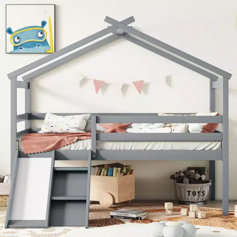 Lit mezzanine double avec toboggan et échelle pour adolescents, lit mezzanine bas en bois avec barrières de sécurité, lit mezzanine design maison, gris