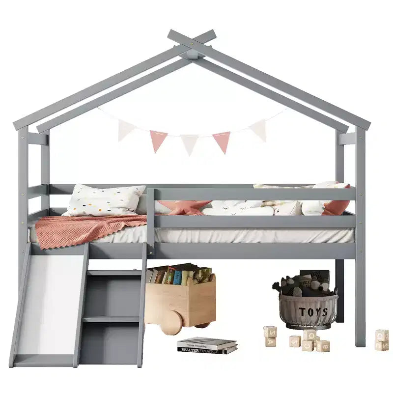 Lit mezzanine double avec toboggan et échelle pour adolescents, lit mezzanine bas en bois avec barrières de sécurité, lit mezzanine design maison, gris