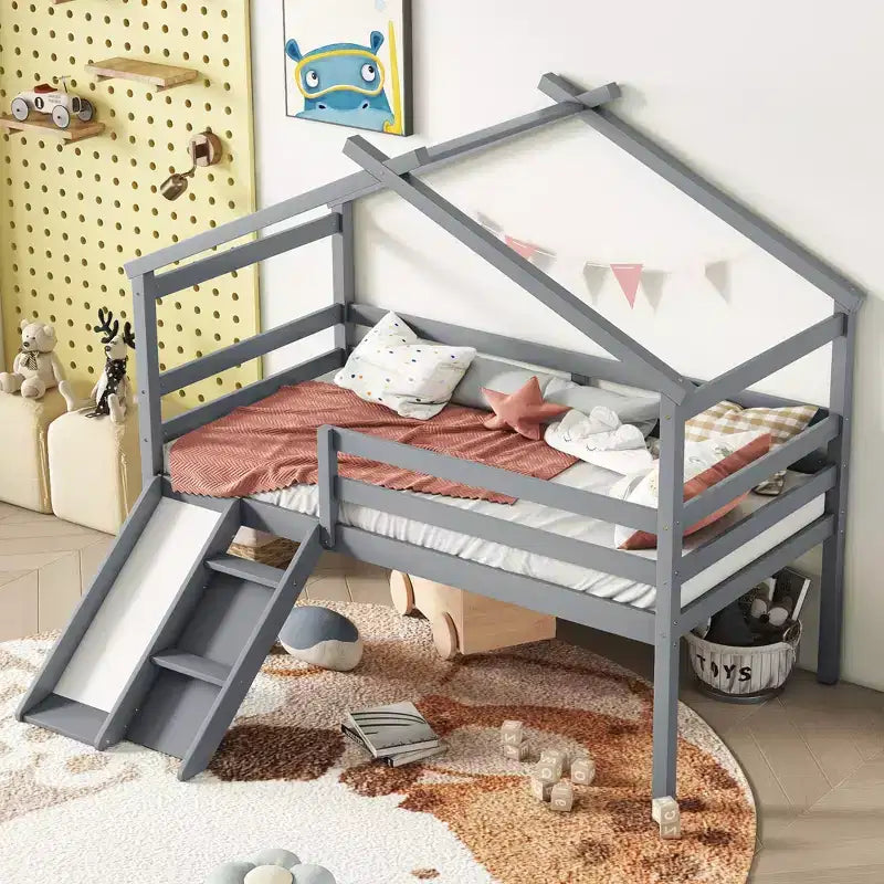 Lit mezzanine double avec toboggan et échelle pour adolescents, lit mezzanine bas en bois avec barrières de sécurité, lit mezzanine design maison, gris