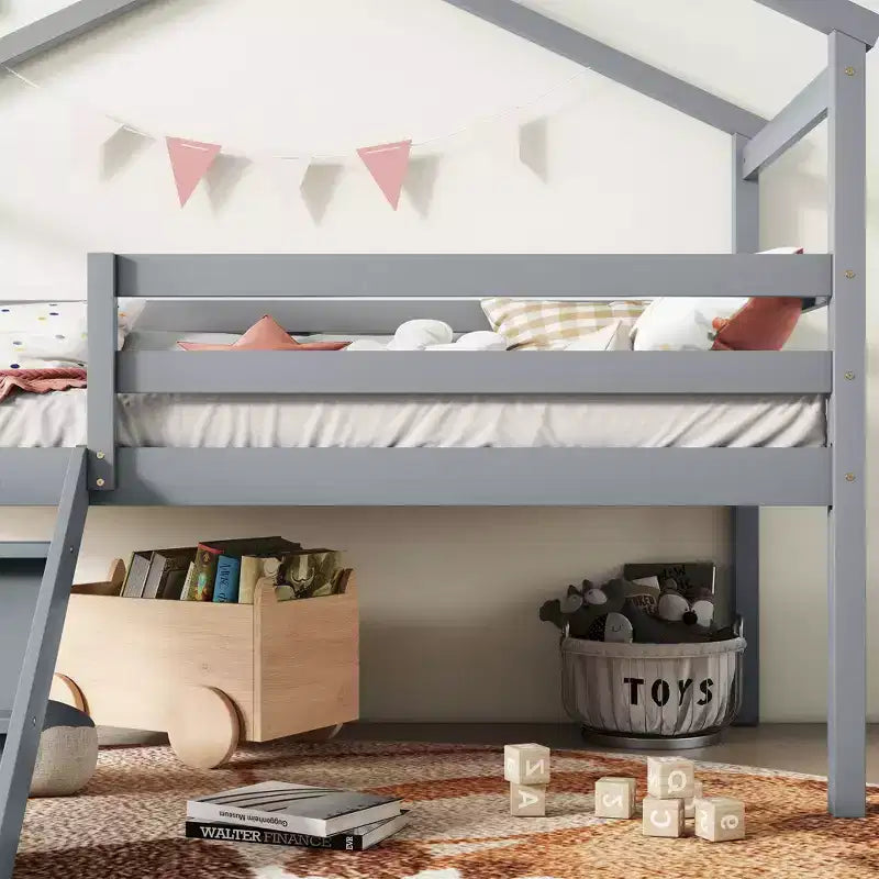 Lit mezzanine double avec toboggan et échelle pour adolescents, lit mezzanine bas en bois avec barrières de sécurité, lit mezzanine design maison, gris