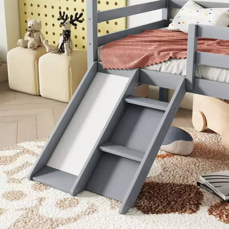 Lit mezzanine double avec toboggan et échelle pour adolescents, lit mezzanine bas en bois avec barrières de sécurité, lit mezzanine design maison, gris