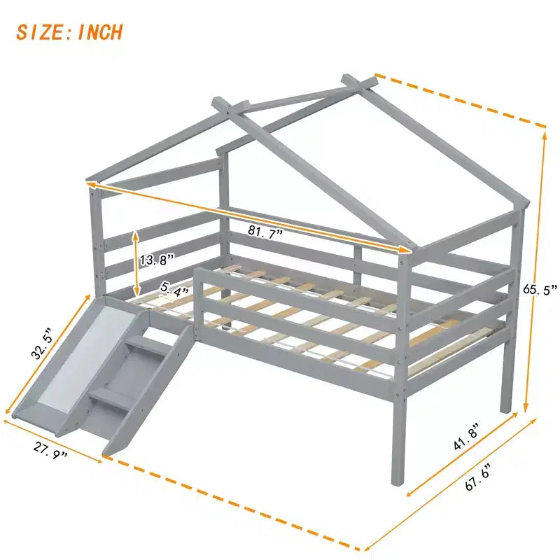 Lit mezzanine double avec toboggan et échelle pour adolescents, lit mezzanine bas en bois avec barrières de sécurité, lit mezzanine design maison, gris