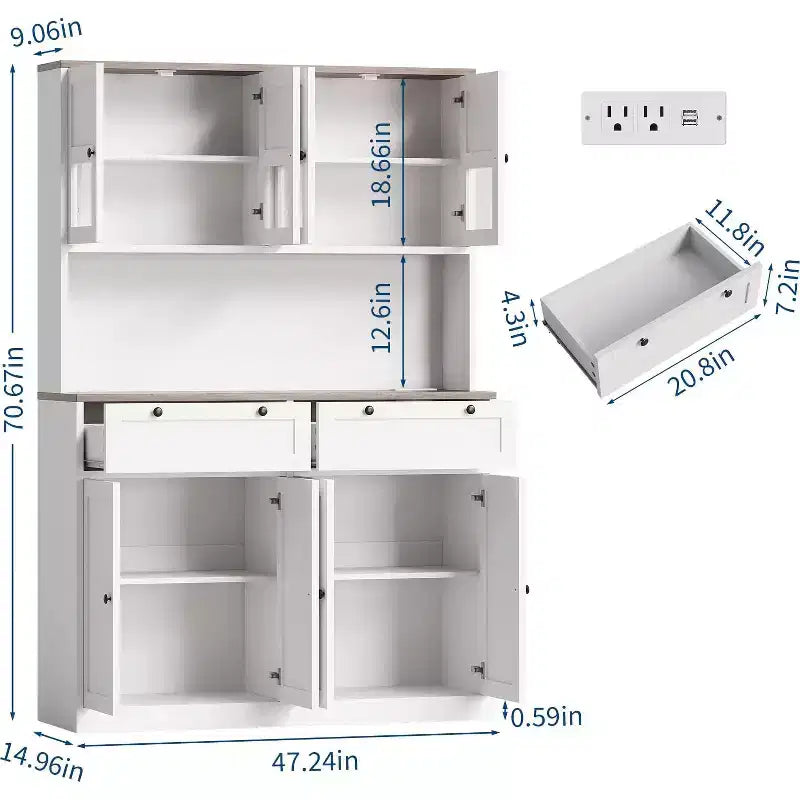 Meuble de rangement de cuisine 71, Meuble de cuisine autoportant avec 2 tiroirs et support micro-ondes, Meuble de bar à café en bois pour salon cuisine