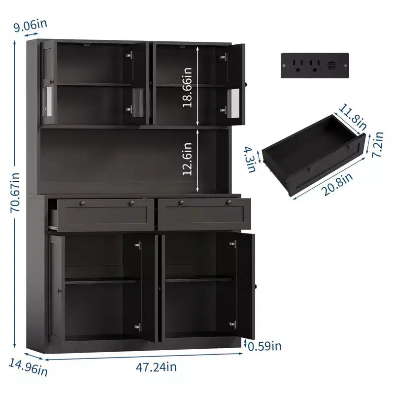 Meuble de rangement de cuisine 71, Meuble de cuisine autoportant avec 2 tiroirs et support micro-ondes, Meuble de bar à café en bois pour salon cuisine