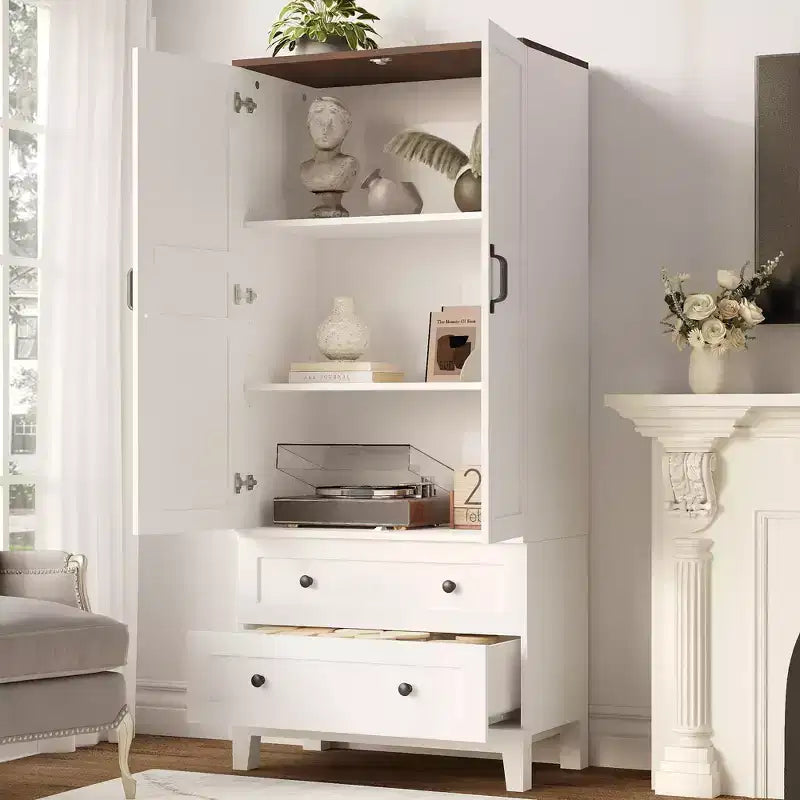 Armoire de rangement haute de 65 po avec 2 étagères réglables, garde-manger en bois de style rustique avec 2 portes et 2 tiroirs, bibliothèques autoportantes pour salle à manger