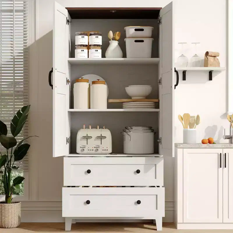 Armoire de rangement haute de 65 po avec 2 étagères réglables, garde-manger en bois de style rustique avec 2 portes et 2 tiroirs, bibliothèques autoportantes pour salle à manger