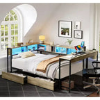 Bellemave Full Size Daybed Combo - Built-in Charging Station & LED Light, with 2 Underbed Drawers, Bookcase & Desk, Grey.