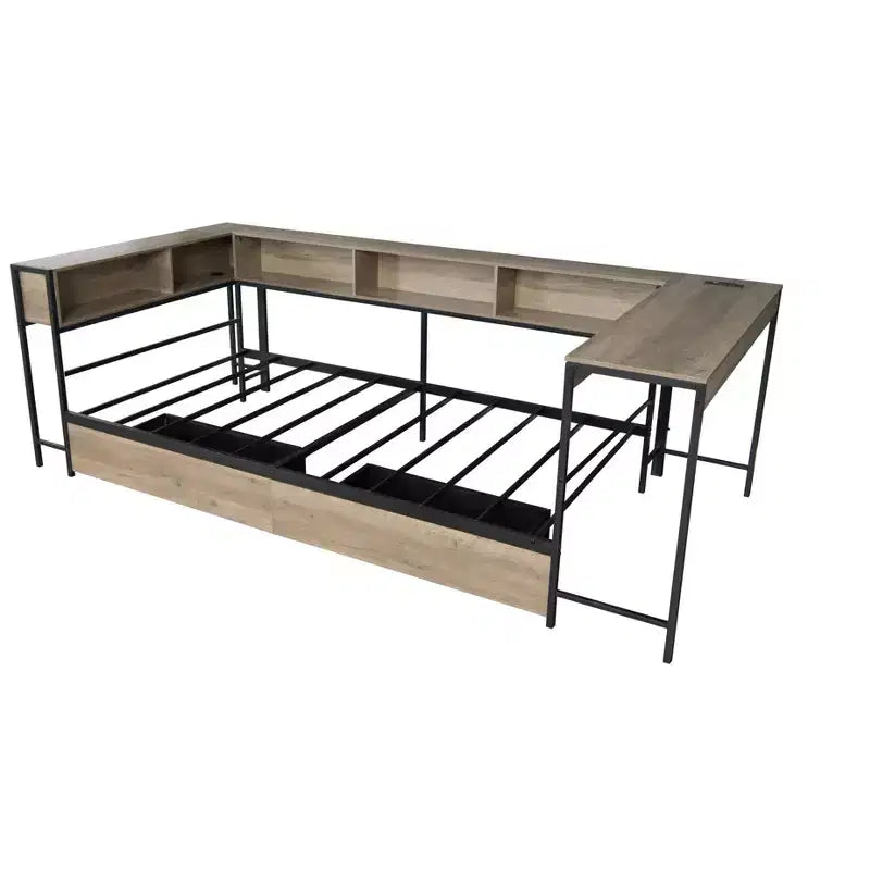 Lit de repos Bellemave pleine grandeur avec station de recharge intégrée et lumière LED, avec 2 tiroirs de rangement sous le lit, bibliothèque et bureau, gris.