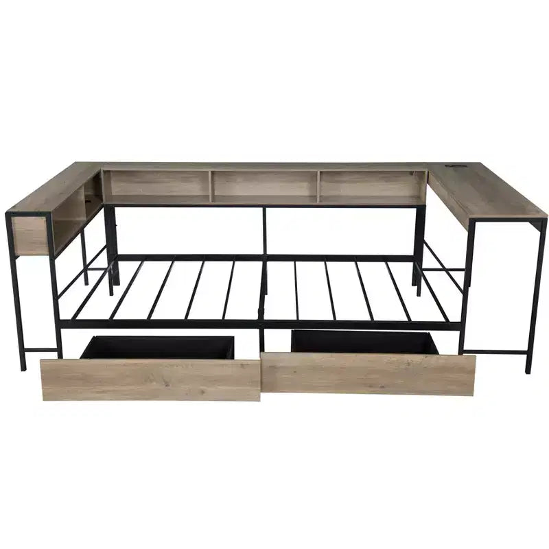 Lit de repos Bellemave pleine grandeur avec station de recharge intégrée et lumière LED, avec 2 tiroirs de rangement sous le lit, bibliothèque et bureau, gris.