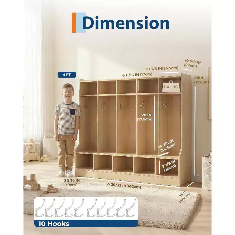 Vestiaire pour enfants, surface en bois lisse 10 casiers, casier de garderie avec 4 roulettes cachées et 10 crochets, organiseur de rangement pour chambre d'enfant, maison, école