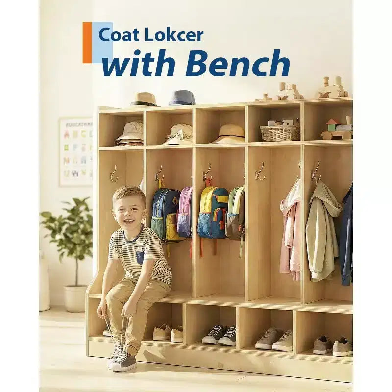 Vestiaire pour enfants, surface en bois lisse 10 casiers, casier de garderie avec 4 roulettes cachées et 10 crochets, organiseur de rangement pour chambre d'enfant, maison, école