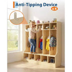 Vestiaire pour enfants, surface en bois lisse 10 casiers, casier de garderie avec 4 roulettes cachées et 10 crochets, organiseur de rangement pour chambre d'enfant, maison, école