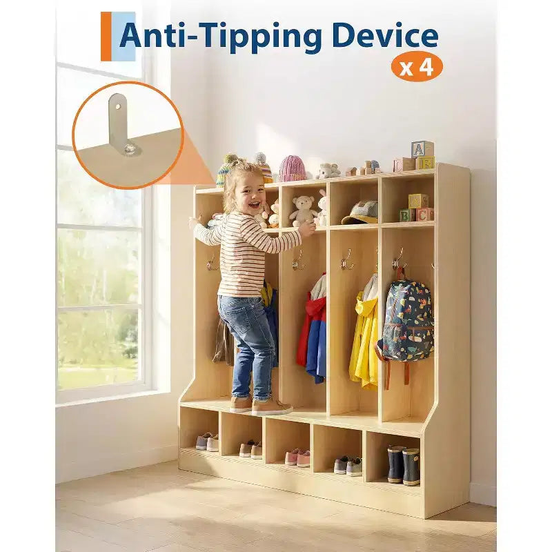 Vestiaire pour enfants, surface en bois lisse 10 casiers, casier de garderie avec 4 roulettes cachées et 10 crochets, organiseur de rangement pour chambre d'enfant, maison, école