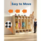 Vestiaire pour enfants, surface en bois lisse 10 casiers, casier de garderie avec 4 roulettes cachées et 10 crochets, organiseur de rangement pour chambre d'enfant, maison, école