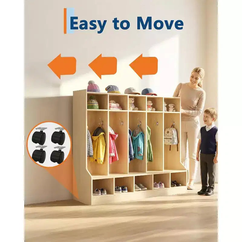 Vestiaire pour enfants, surface en bois lisse 10 casiers, casier de garderie avec 4 roulettes cachées et 10 crochets, organiseur de rangement pour chambre d'enfant, maison, école