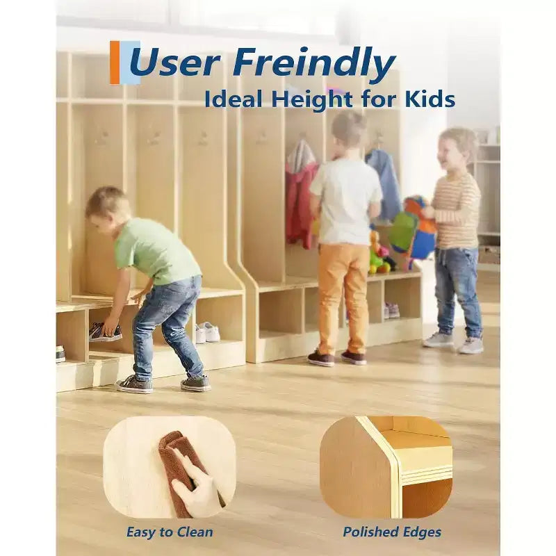 Vestiaire pour enfants, surface en bois lisse 10 casiers, casier de garderie avec 4 roulettes cachées et 10 crochets, organiseur de rangement pour chambre d'enfant, maison, école