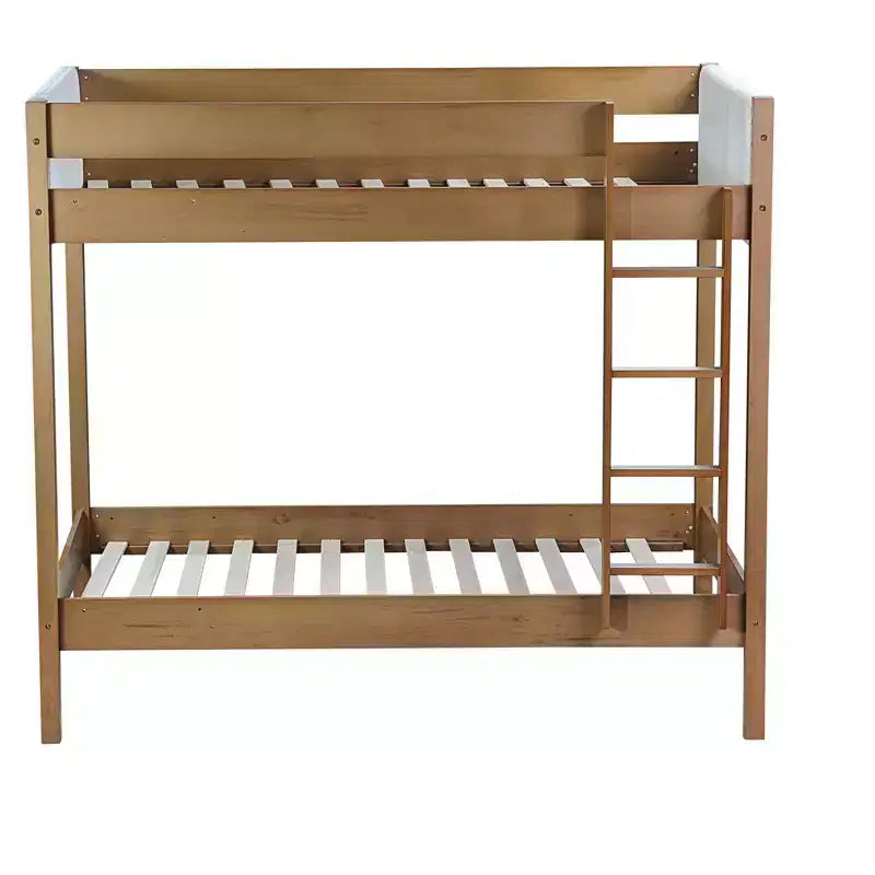Lit superposé simple sur simple avec tête et pied de lit rembourrés pour enfants et adolescents, cadre de lit superposé en bois avec échelle et barrières de sécurité, naturel