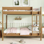 Lit superposé simple sur simple avec tête et pied de lit rembourrés pour enfants et adolescents, cadre de lit superposé en bois avec échelle et barrières de sécurité, naturel