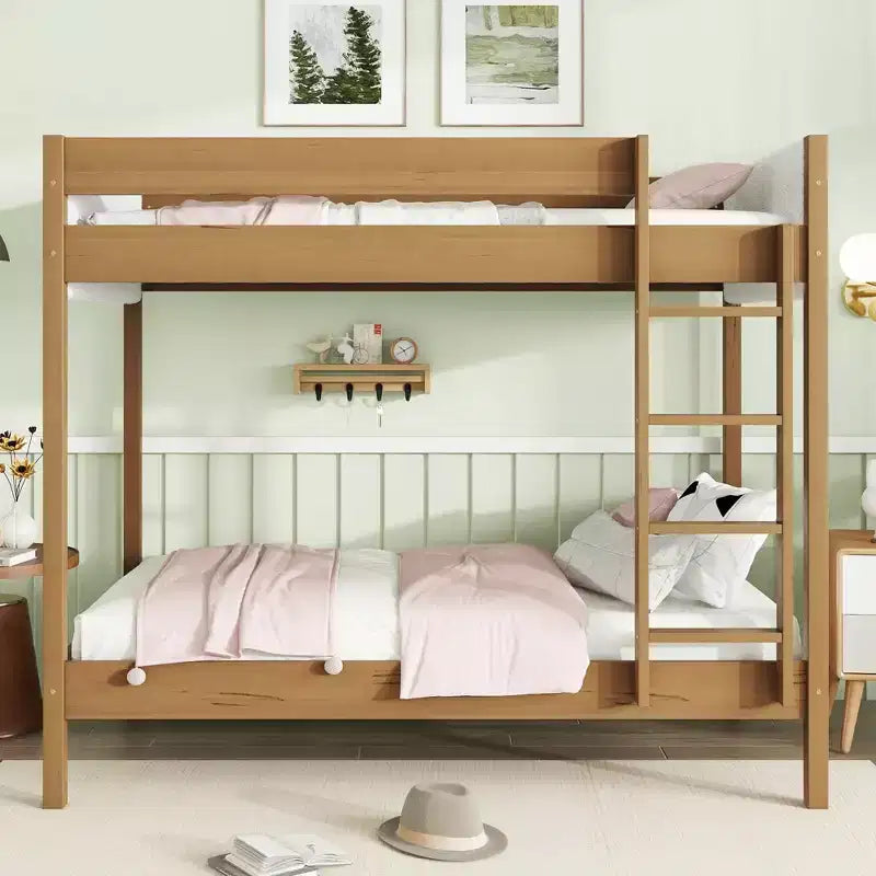 Lit superposé simple sur simple avec tête et pied de lit rembourrés pour enfants et adolescents, cadre de lit superposé en bois avec échelle et barrières de sécurité, naturel
