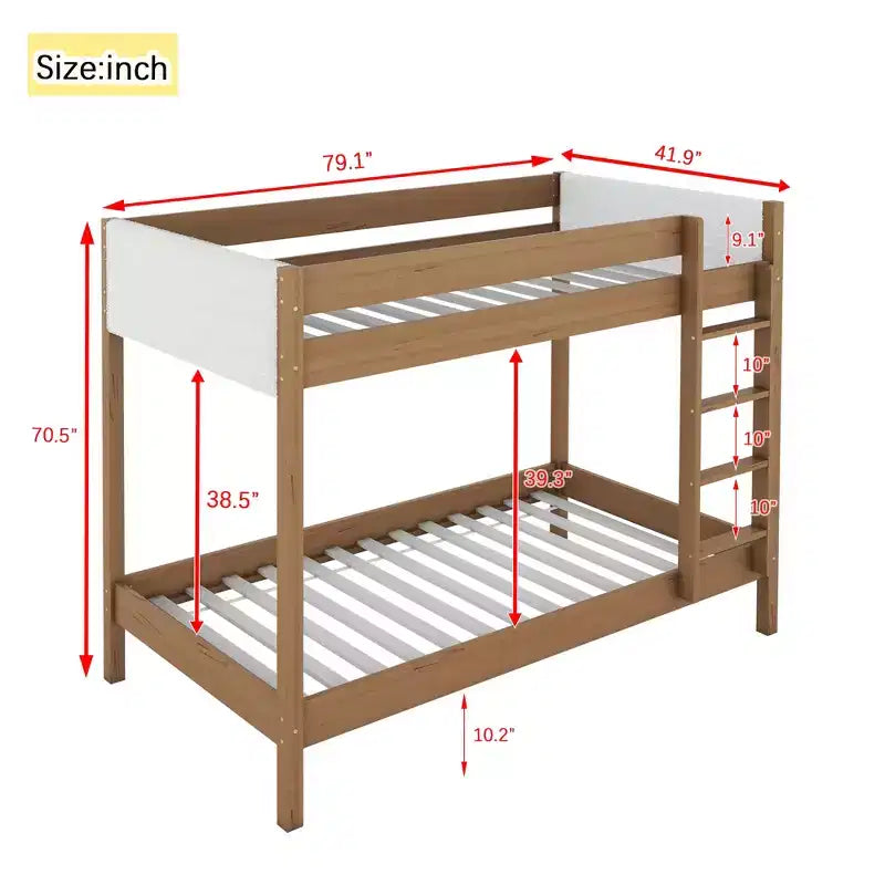 Lit superposé simple sur simple avec tête et pied de lit rembourrés pour enfants et adolescents, cadre de lit superposé en bois avec échelle et barrières de sécurité, naturel