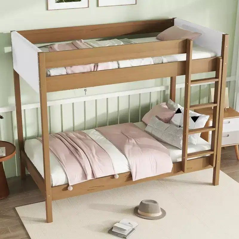 Lit superposé simple sur simple avec tête et pied de lit rembourrés pour enfants et adolescents, cadre de lit superposé en bois avec échelle et barrières de sécurité, naturel