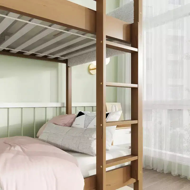 Lit superposé simple sur simple avec tête et pied de lit rembourrés pour enfants et adolescents, cadre de lit superposé en bois avec échelle et barrières de sécurité, naturel