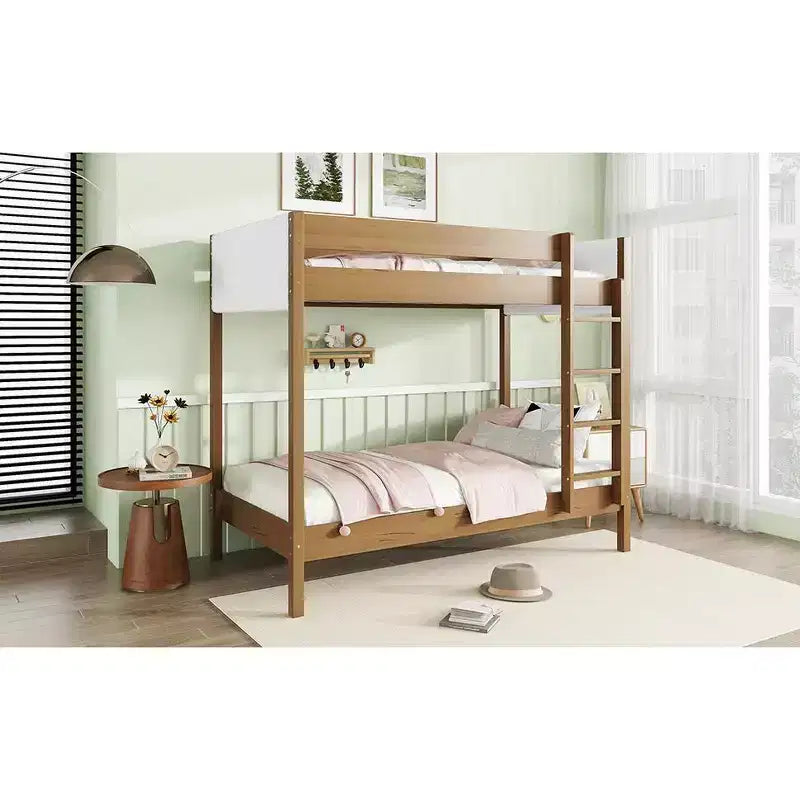 Lit superposé simple sur simple avec tête et pied de lit rembourrés pour enfants et adolescents, cadre de lit superposé en bois avec échelle et barrières de sécurité, naturel