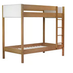 Lit superposé simple sur simple avec tête et pied de lit rembourrés pour enfants et adolescents, cadre de lit superposé en bois avec échelle et barrières de sécurité, naturel