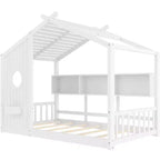 Lit cabane MAYEERTY une place avec étagère de rangement et toit pour chambre à coucher, blanc
