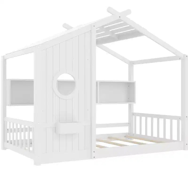 Lit cabane MAYEERTY une place avec étagère de rangement et toit pour chambre à coucher, blanc