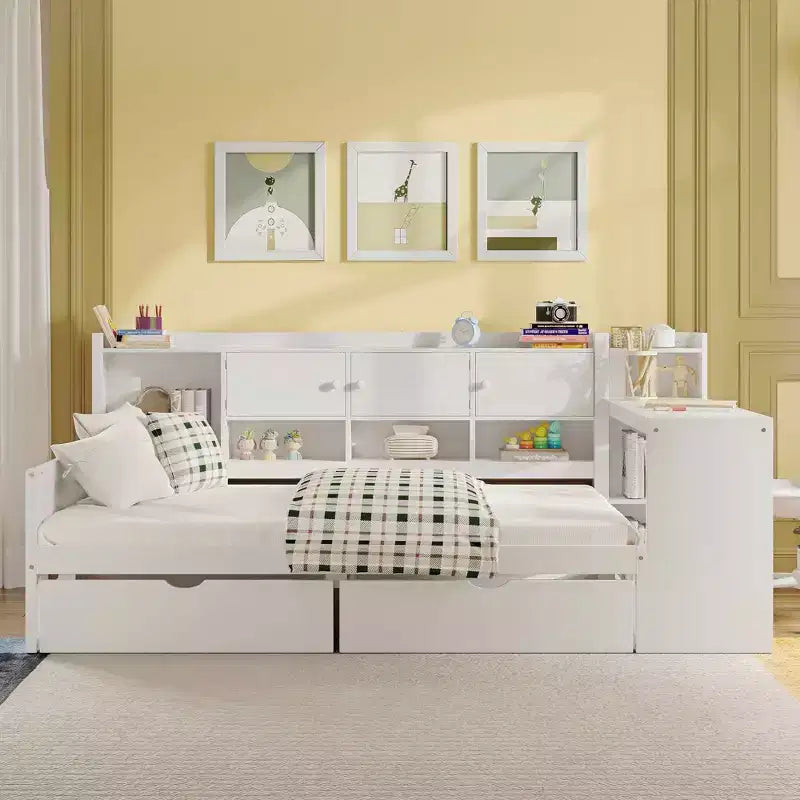 MAYEERTY Wooden L Shpae Bed with Seven Storage Cabinets and Two Storage Drawers Study Desk Bookshelf for Bedroom White