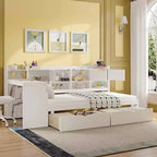 MAYEERTY Lit en bois en forme de L avec sept armoires de rangement et deux tiroirs de rangement, bureau et bibliothèque pour chambre à coucher, blanc