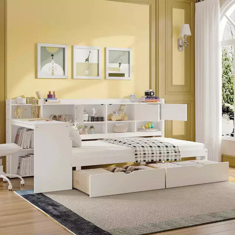 MAYEERTY Lit en bois en forme de L avec sept armoires de rangement et deux tiroirs de rangement, bureau et bibliothèque pour chambre à coucher, blanc