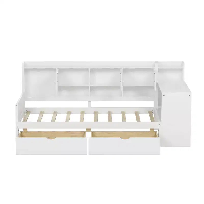MAYEERTY Lit en bois en forme de L avec sept armoires de rangement et deux tiroirs de rangement, bureau et bibliothèque pour chambre à coucher, blanc