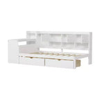 MAYEERTY Lit en bois en forme de L avec sept armoires de rangement et deux tiroirs de rangement, bureau et bibliothèque pour chambre à coucher, blanc