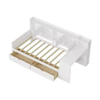 MAYEERTY Lit en bois en forme de L avec sept armoires de rangement et deux tiroirs de rangement, bureau et bibliothèque pour chambre à coucher, blanc