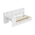 MAYEERTY Lit en bois en forme de L avec sept armoires de rangement et deux tiroirs de rangement, bureau et bibliothèque pour chambre à coucher, blanc